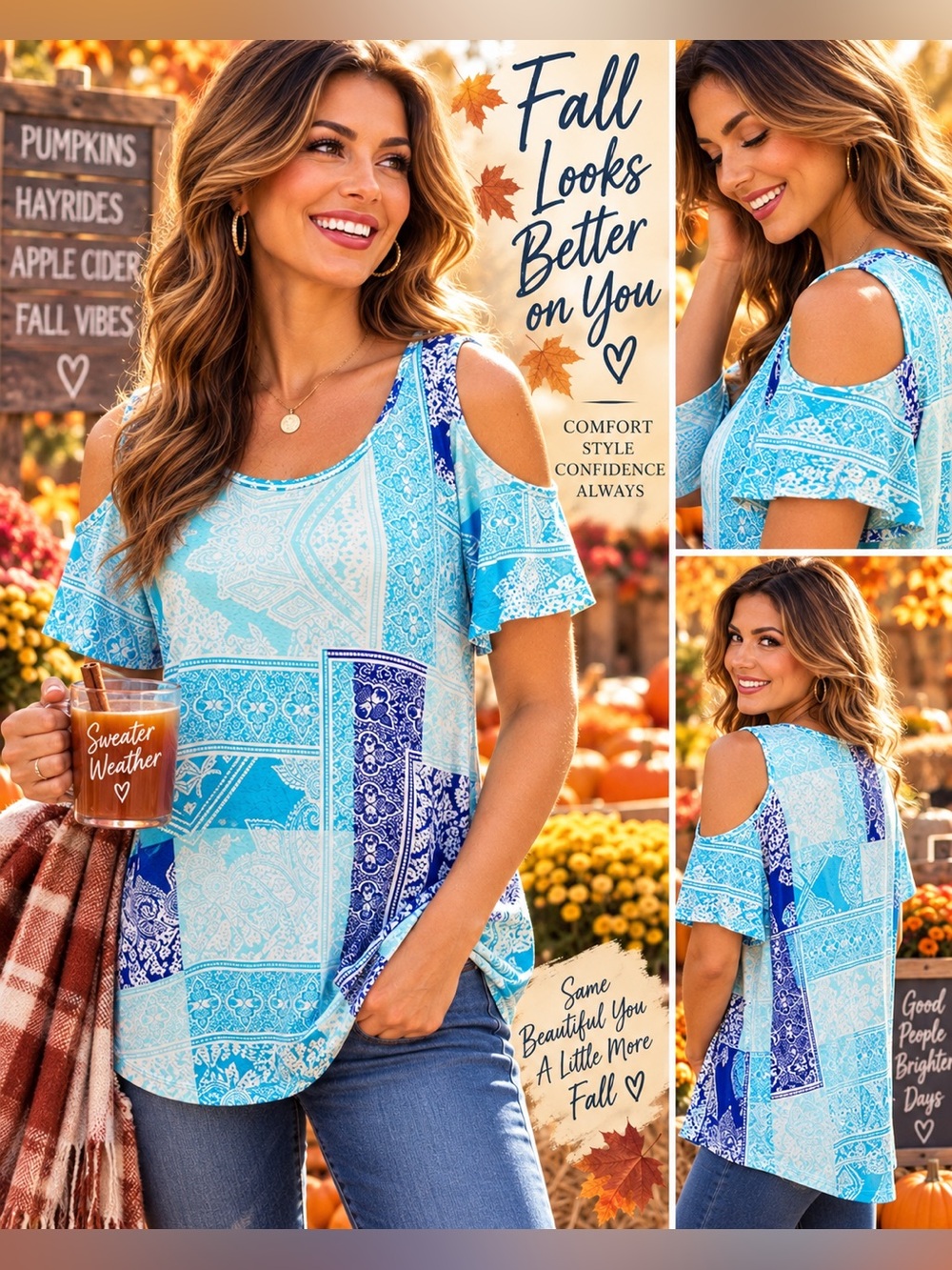 JM Collection Blue & White Patchwork Cold-Shoulder Top — Size Medium